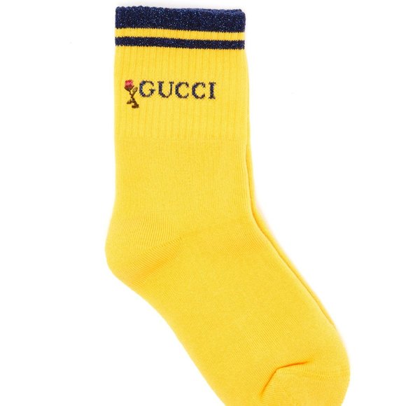 Gucci Rose-embroidered Cotton Ankle Socks Yellow NEW IN BOX - Picture 1 of 5